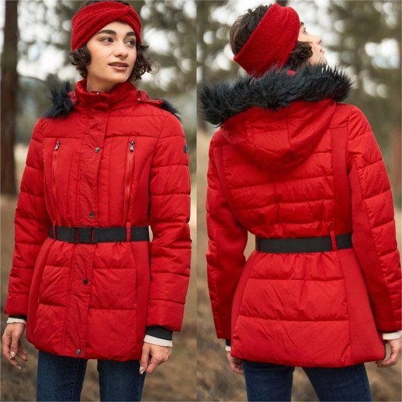 Jackets & Blazers - Red Faux Fur Harness Buckle Belt Detail Long Fitte